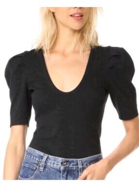 Free People Black Scoop Neck Puff Sleeve Top Size S